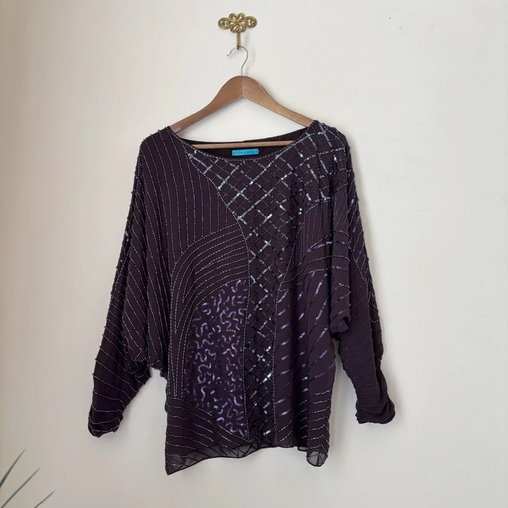 Alice + Olivia Purple Silk Beaded Sequin Dolman Sleeve Blouse Large Cocktails